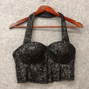 Y2K Corset Top Womens M Black Sparkle Grunge Halter Bustier Rave Sequin ULTRA